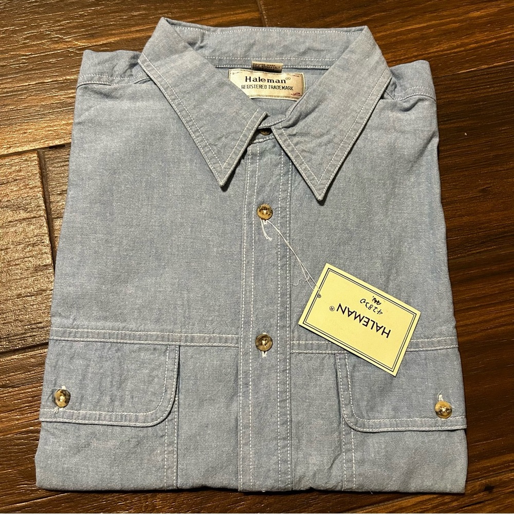 Haleman NWT Men’s Short Sleeve Denim Like Blue Button Down Shirt‎ 100% Cotton XL